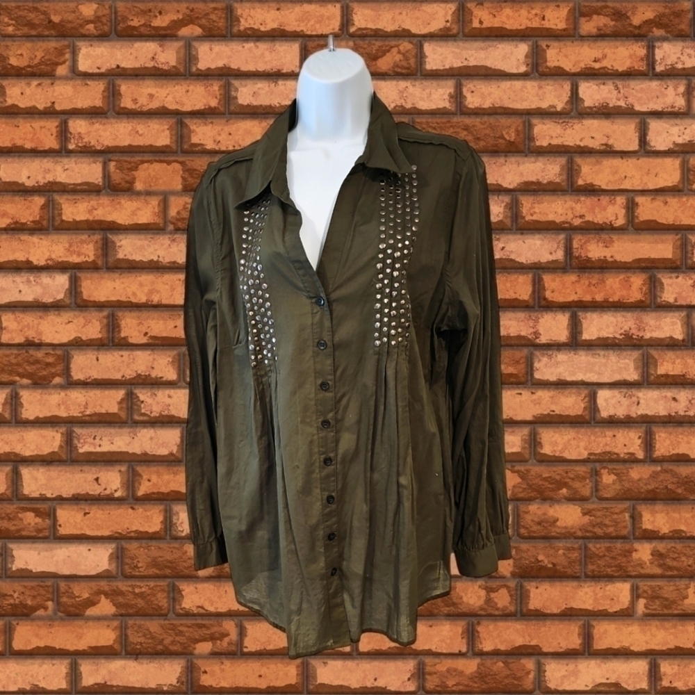 𝅺ANTILIA FEMME olive green LS lightweight button down shirt top sz 1X